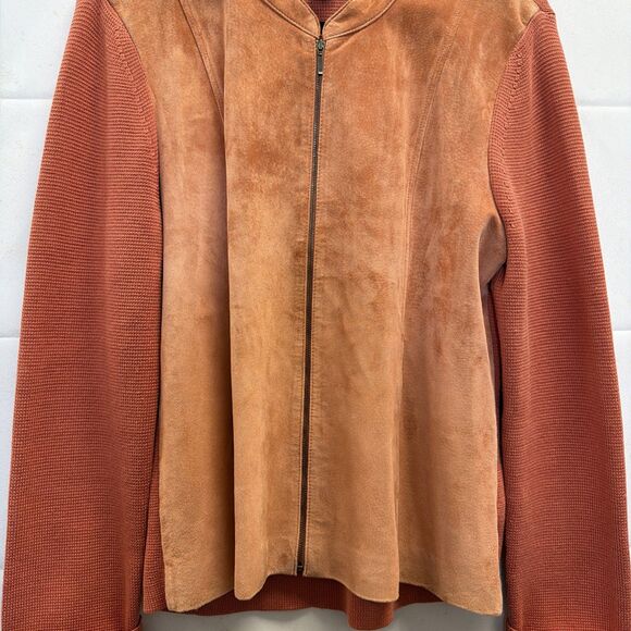 Sigrid Olsen Leather Front Silk Cotton Knit Jacket Rust Full Zip Cardigan Large - Picture 4 of 11